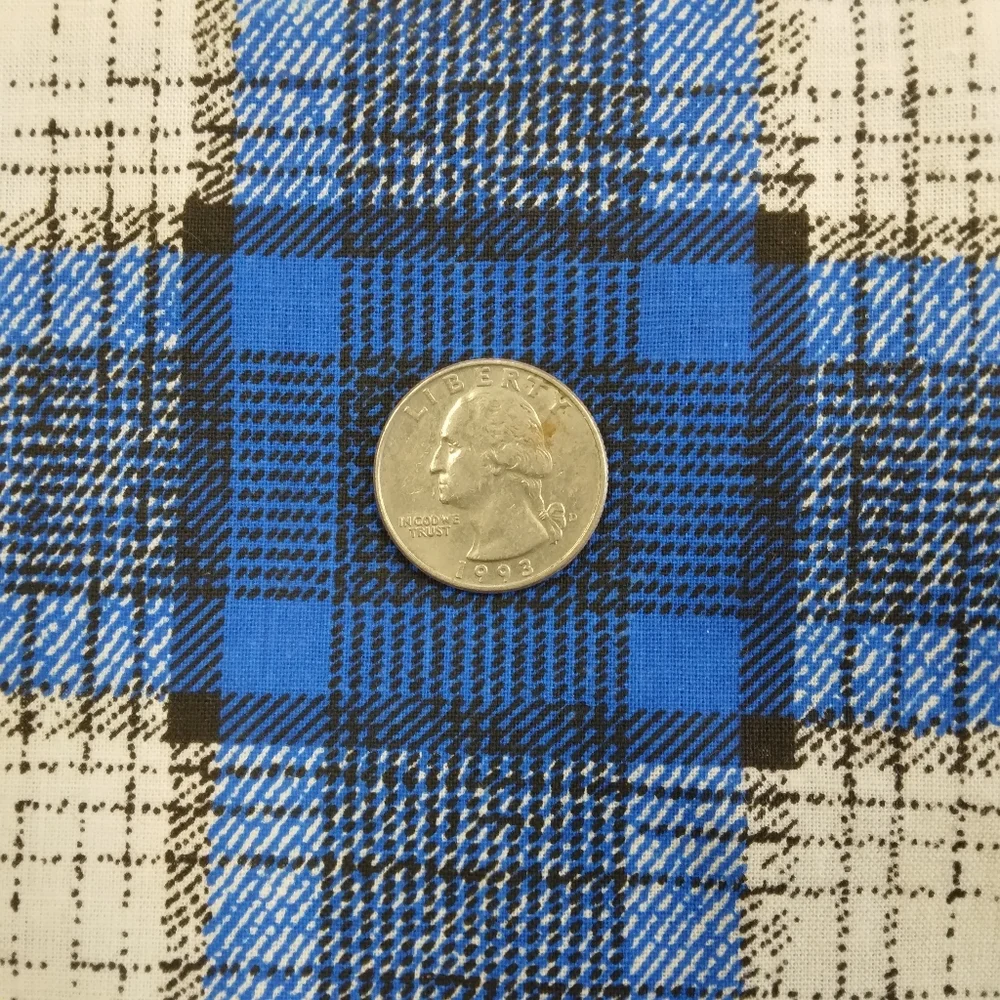FABRIC Printed Plaid On Cotton In Blue, White, Black.  Plain Weave Cotton